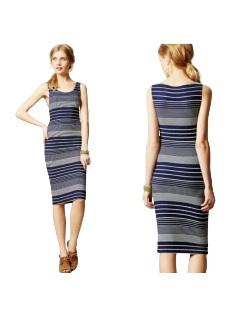 Maeve Edisto Tank Midi Dress Large Striped Sleeveless Scoop Neck Navy Nautical